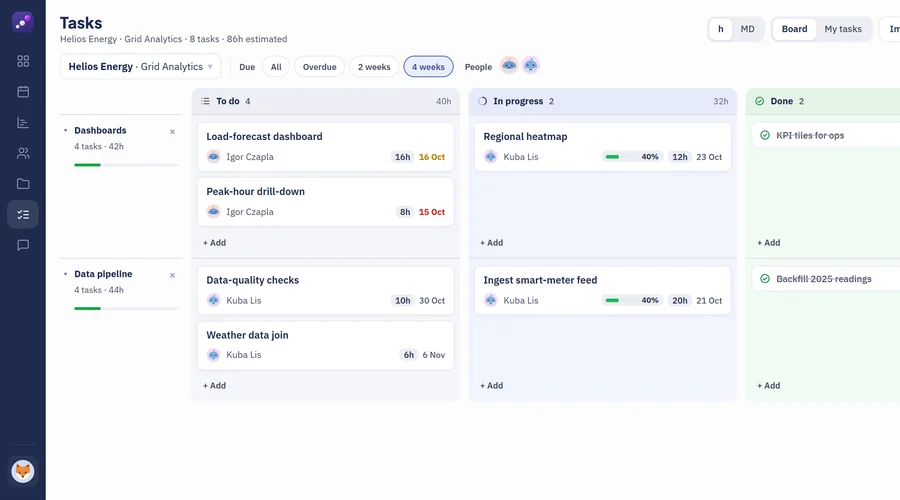 Tasks Kanban board with To do, In progress and Done columns.