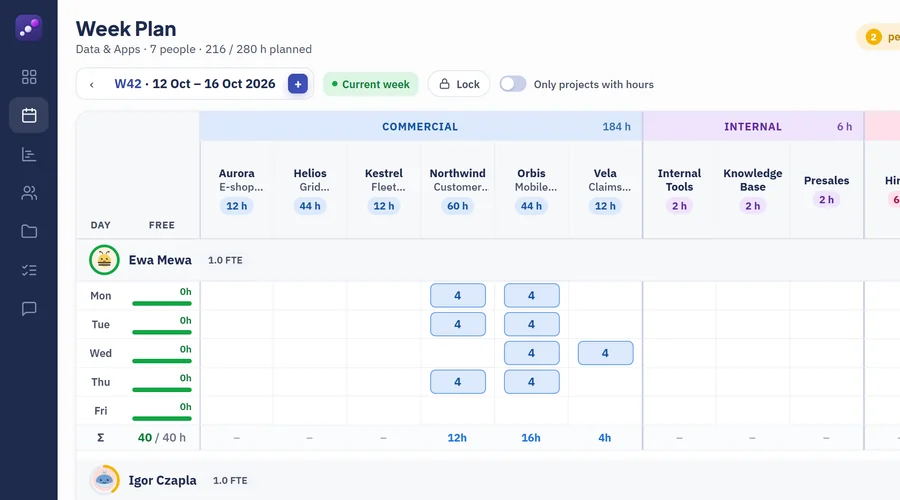 Close-up of the Week Plan grid: hours per day for each person and project.